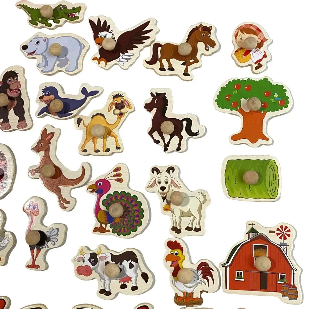 Preschool Wooden Puzzle Piece with Knobs Lot of‎ 38 Crafting DIY Decor Tactile